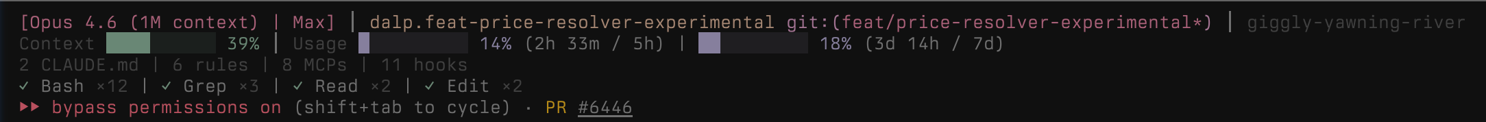 claude-hud status line — Opus 4.6 at 59% context, active tools, and current task.